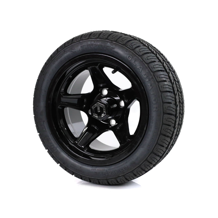 MODZ Drift 12x7 Glossy Black & Gladiator Golf A/P Tire Combo golf cart wheel and tire