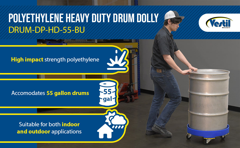 Vestil DRUM-DP-HD-55-BU polyethylene heavy duty drum dolly feature overview 1