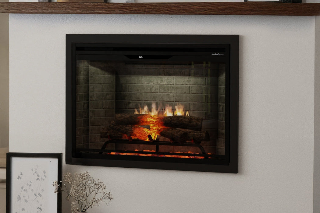 Dimplex Revillusion 30 inch built-in electric fireplace neutral brick in a styled room