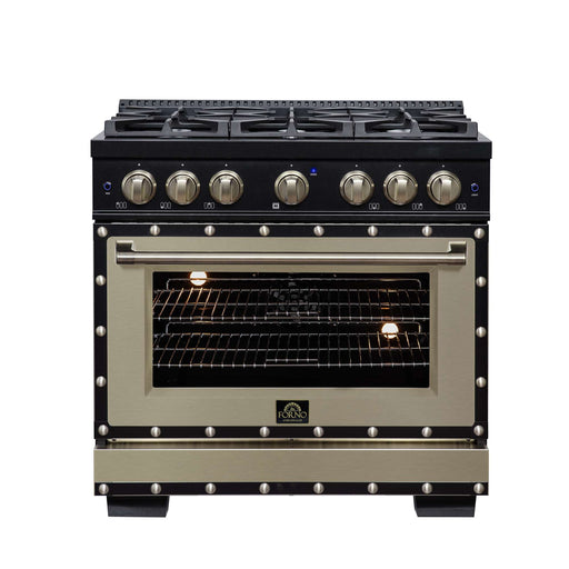 Forno Ambassador 36-inch dual fuel range in black front view with oven lights on