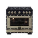 Forno Ambassador 36-inch dual fuel range in black front view with oven lights on
