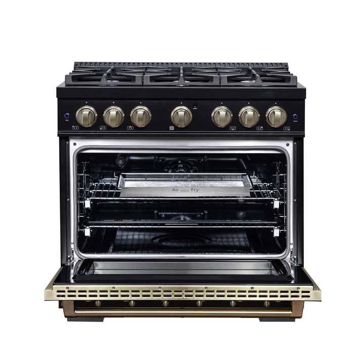 Forno Ambassador 36-inch dual fuel range in black front view with the door open