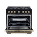 Forno Ambassador 36-inch dual fuel range in black front view with the door open
