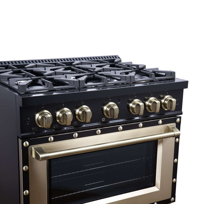 Forno Ambassador 36-inch dual fuel range in black left angled view, alternate