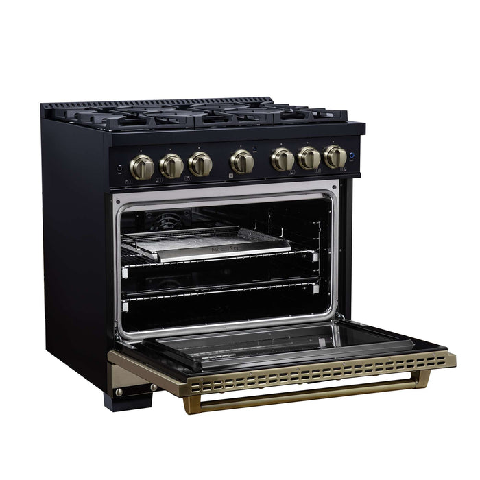 Forno Ambassador 36-inch dual fuel range in black left angled view with the door open