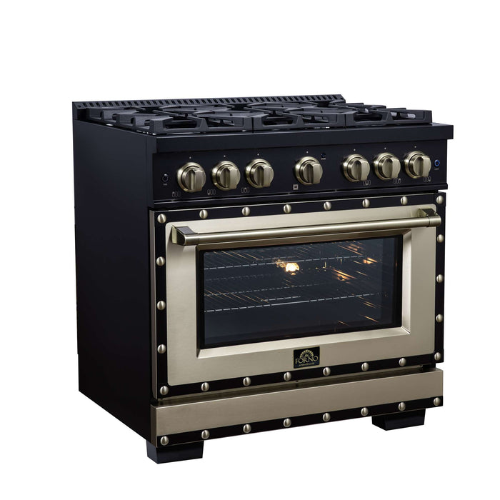 Forno Ambassador 36-inch dual fuel range in black left angled view