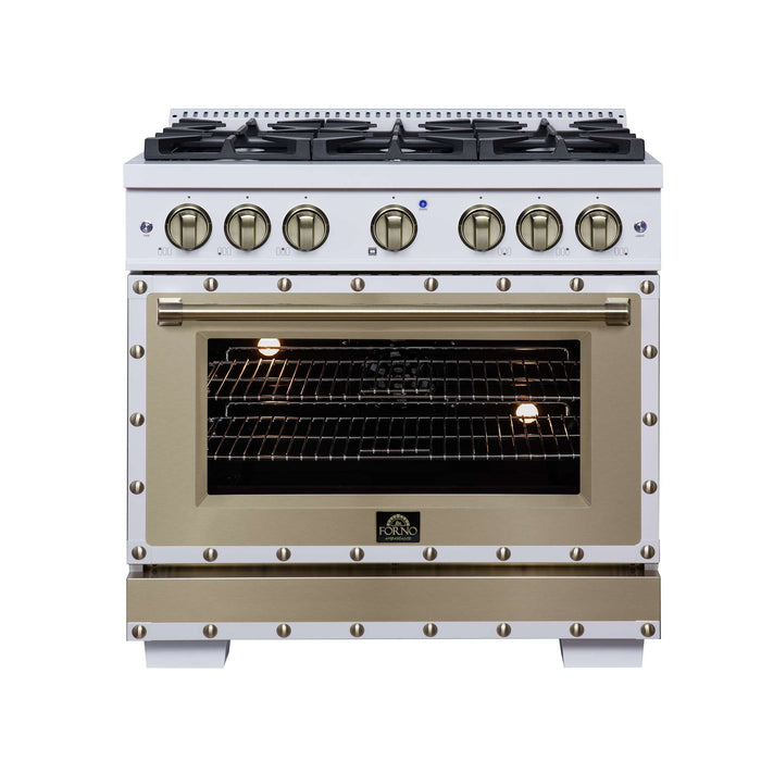 Forno Ambassador 36-inch dual fuel range in white front view with oven lights on