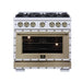 Forno Ambassador 36-inch dual fuel range in white front view with oven lights on