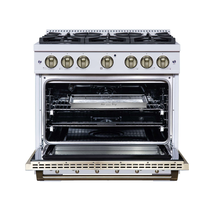 Forno Ambassador 36-inch dual fuel range in white front view with the door open
