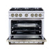 Forno Ambassador 36-inch dual fuel range in white front view with the door open