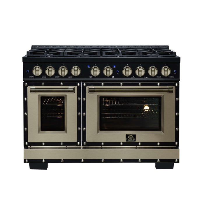 Forno Ambassador 48-inch dual fuel range in black front view with oven lights on
