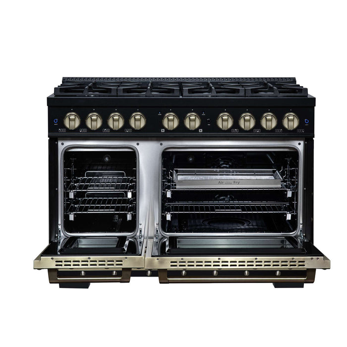 Forno Ambassador 48-inch dual fuel range in black front view with the door open