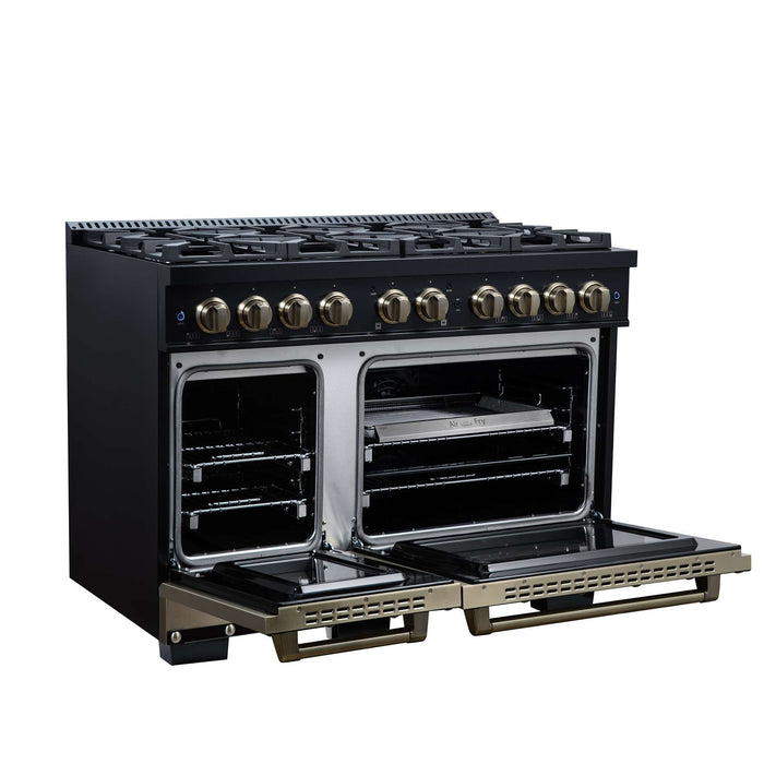 Forno Ambassador 48-inch dual fuel range in black left angled view with the door open