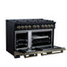 Forno Ambassador 48-inch dual fuel range in black left angled view with the door open