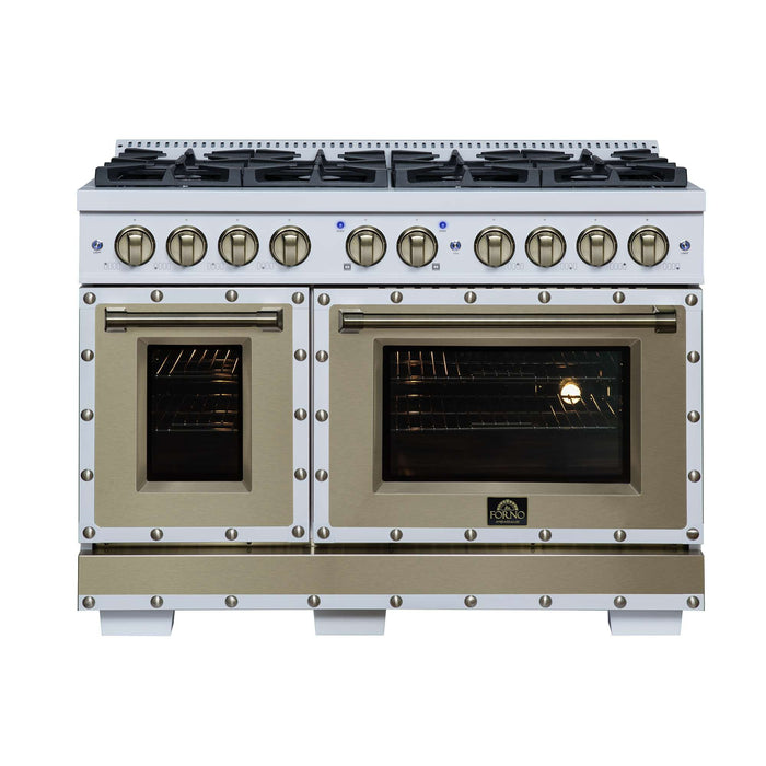Forno Ambassador 48-inch dual fuel range in white front view with oven lights on