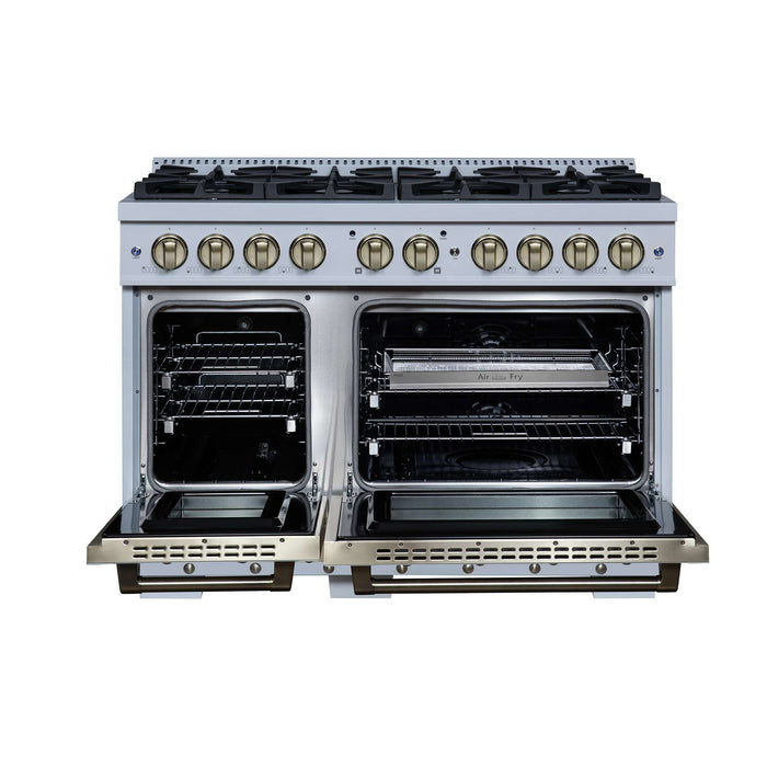 Forno Ambassador 48-inch dual fuel range in white front view with the door open