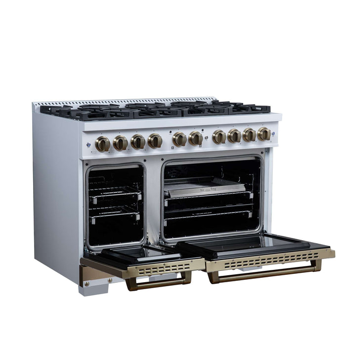 Forno Ambassador 48-inch dual fuel range in white left angled view with the door open