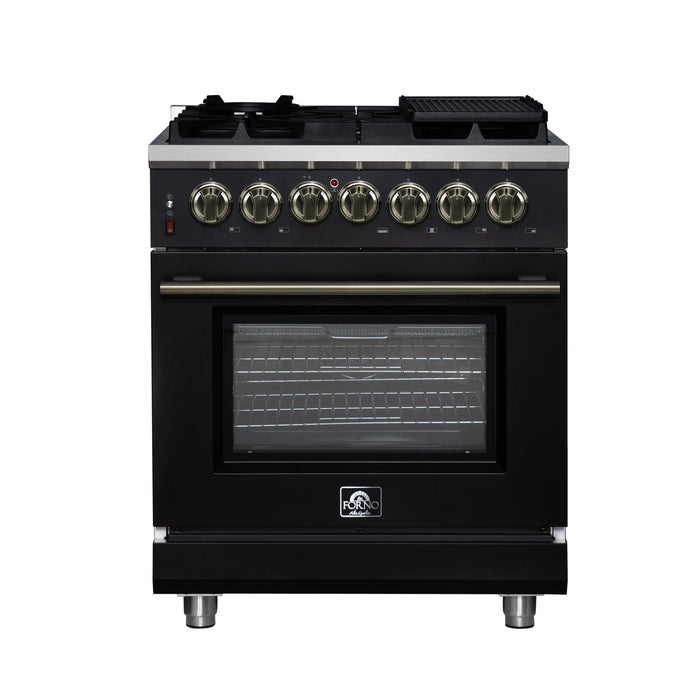 Forno Massimo 30-Inch Freestanding Dual Fuel Range with 4 Burners & 4.32 Cu. Ft. Convection Oven in Black with Antique Brass Handle (FFSGS6125-30BLK)