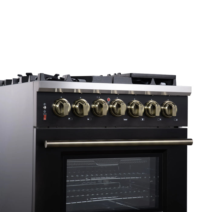 Forno Massimo 30-Inch Freestanding Dual Fuel Range with 4 Burners & 4.32 Cu. Ft. Convection Oven in Black with Antique Brass Handle (FFSGS6125-30BLK)
