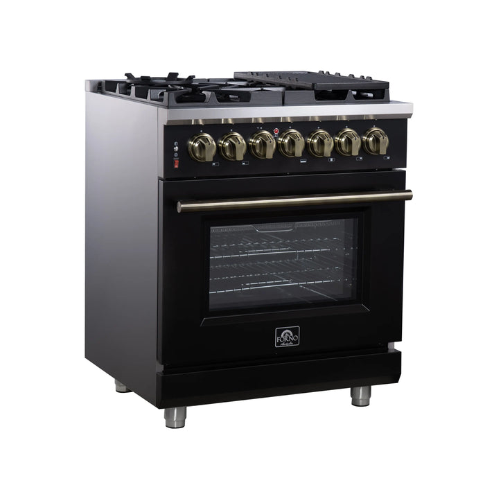 Forno Massimo 30-Inch Freestanding Dual Fuel Range with 4 Burners & 4.32 Cu. Ft. Convection Oven in Black with Antique Brass Handle (FFSGS6125-30BLK)