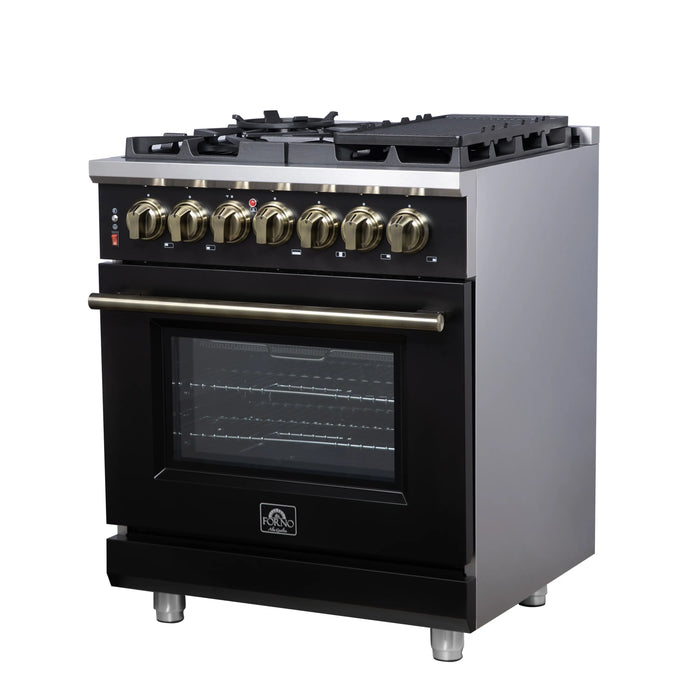 Forno Massimo 30-Inch Freestanding Dual Fuel Range with 4 Burners & 4.32 Cu. Ft. Convection Oven in Black with Antique Brass Handle (FFSGS6125-30BLK)