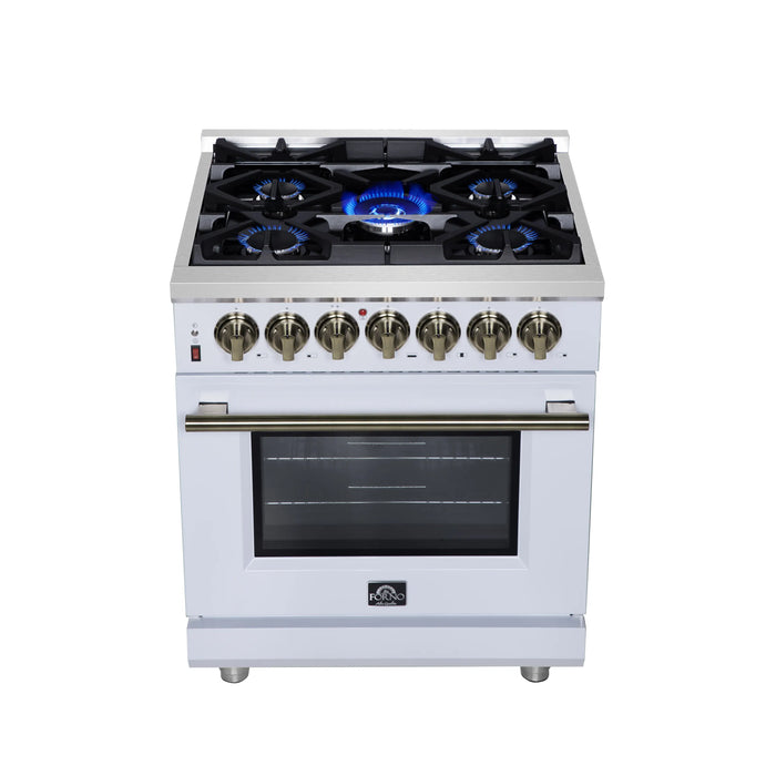 Forno Massimo 30-Inch Freestanding Dual Fuel Range with 4 Burners & 4.32 Cu. Ft. Convection Oven in White with Antique Brass Handle (FFSGS6125-30WHT)
