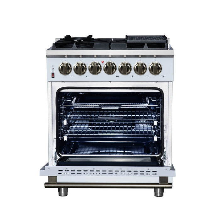Forno Massimo 30-Inch Freestanding Dual Fuel Range with 4 Burners & 4.32 Cu. Ft. Convection Oven in White with Antique Brass Handle (FFSGS6125-30WHT)