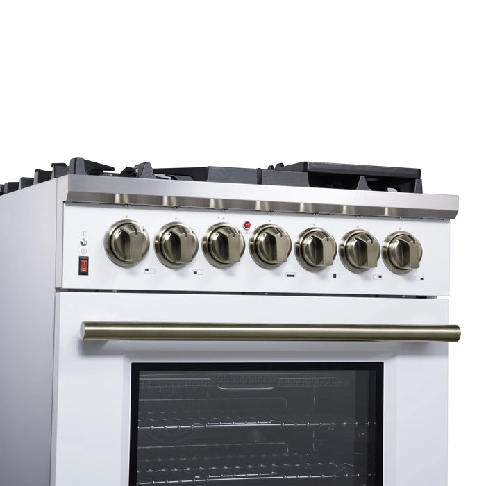 Forno Massimo 30-Inch Freestanding Dual Fuel Range with 4 Burners & 4.32 Cu. Ft. Convection Oven in White with Antique Brass Handle (FFSGS6125-30WHT)