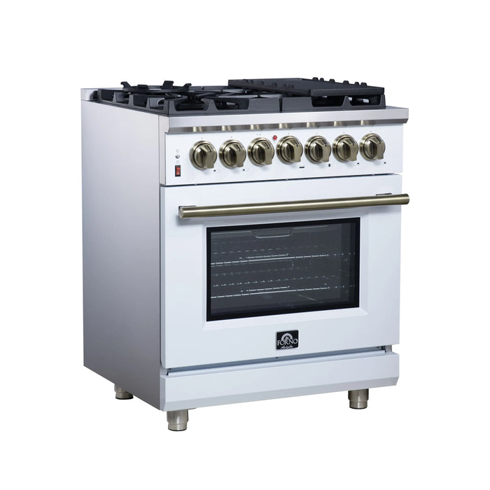 Forno Massimo 30-Inch Freestanding Dual Fuel Range with 4 Burners & 4.32 Cu. Ft. Convection Oven in White with Antique Brass Handle (FFSGS6125-30WHT)