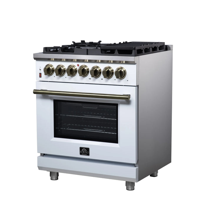Forno Massimo 30-Inch Freestanding Dual Fuel Range with 4 Burners & 4.32 Cu. Ft. Convection Oven in White with Antique Brass Handle (FFSGS6125-30WHT)