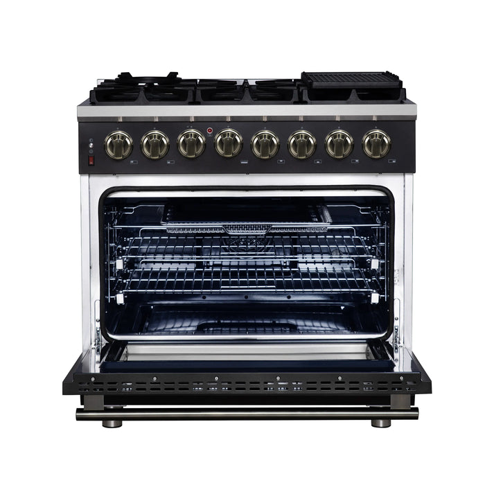Forno Massimo 36-Inch Freestanding Dual Fuel Range with 6 Burners & 5.36 Cu. Ft. Convection Oven in Black with Antique Brass Handle (FFSGS6125-36BLK)