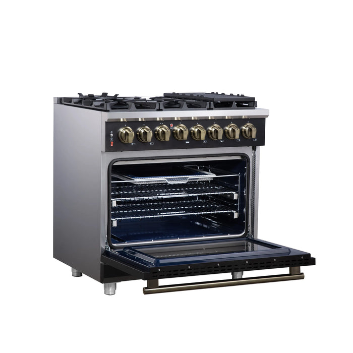 Forno Massimo 36-Inch Freestanding Dual Fuel Range with 6 Burners & 5.36 Cu. Ft. Convection Oven in Black with Antique Brass Handle (FFSGS6125-36BLK)