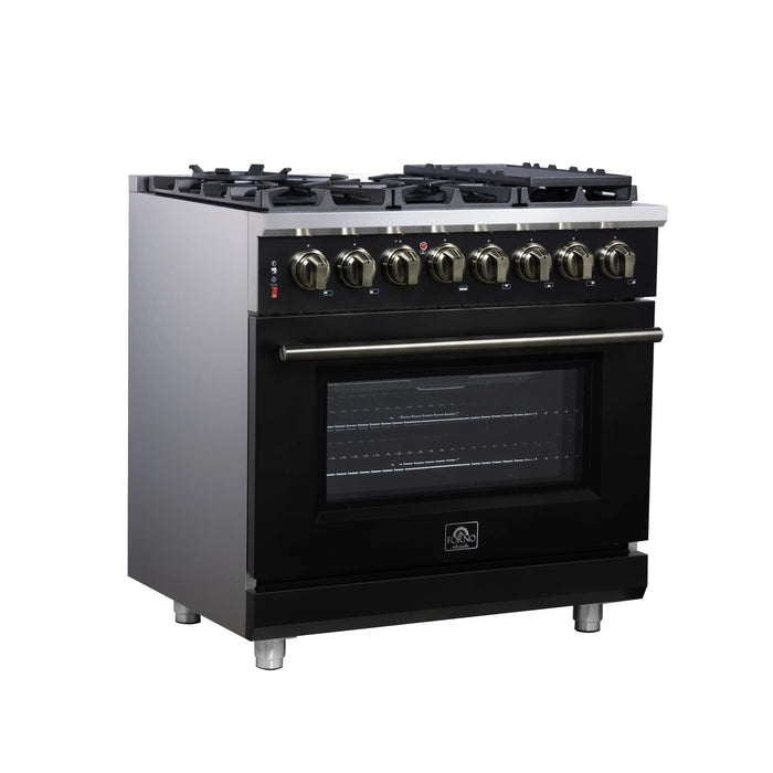 Forno Massimo 36-Inch Freestanding Dual Fuel Range with 6 Burners & 5.36 Cu. Ft. Convection Oven in Black with Antique Brass Handle (FFSGS6125-36BLK)