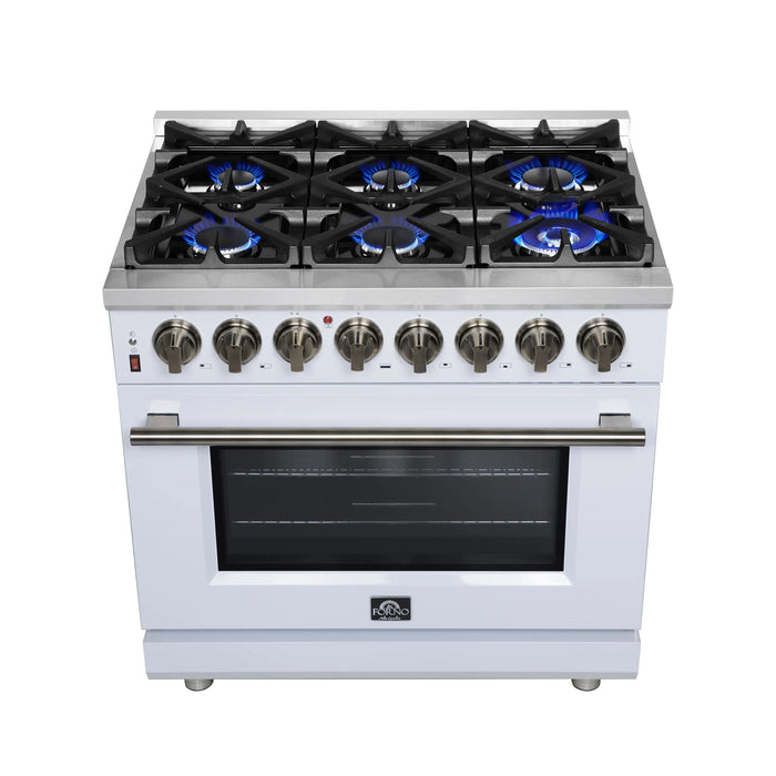 Forno Massimo 36-Inch Freestanding Dual Fuel Range with 6 Burners & 5.36 Cu. Ft. Convection Oven in White with Antique Brass Handle (FFSGS6125-36WHT)