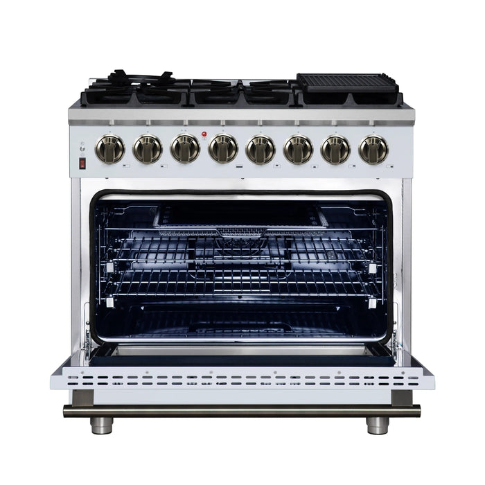 Forno Massimo 36-Inch Freestanding Dual Fuel Range with 6 Burners & 5.36 Cu. Ft. Convection Oven in White with Antique Brass Handle (FFSGS6125-36WHT)