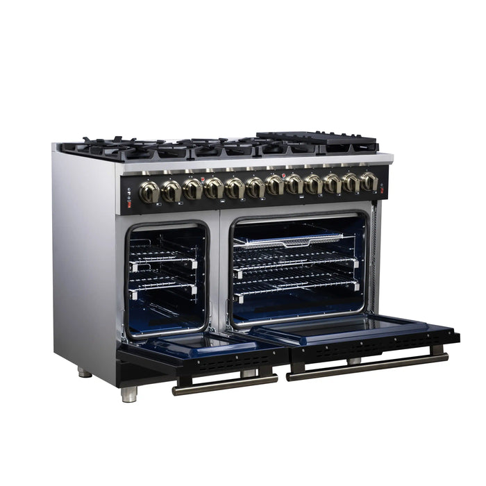 Forno Massimo 48-Inch Freestanding Dual Fuel Range with 8 Burners & 6.58 Cu. Ft. Convection Oven in Black with Antique Brass Trim (FFSGS6125-48BLK)