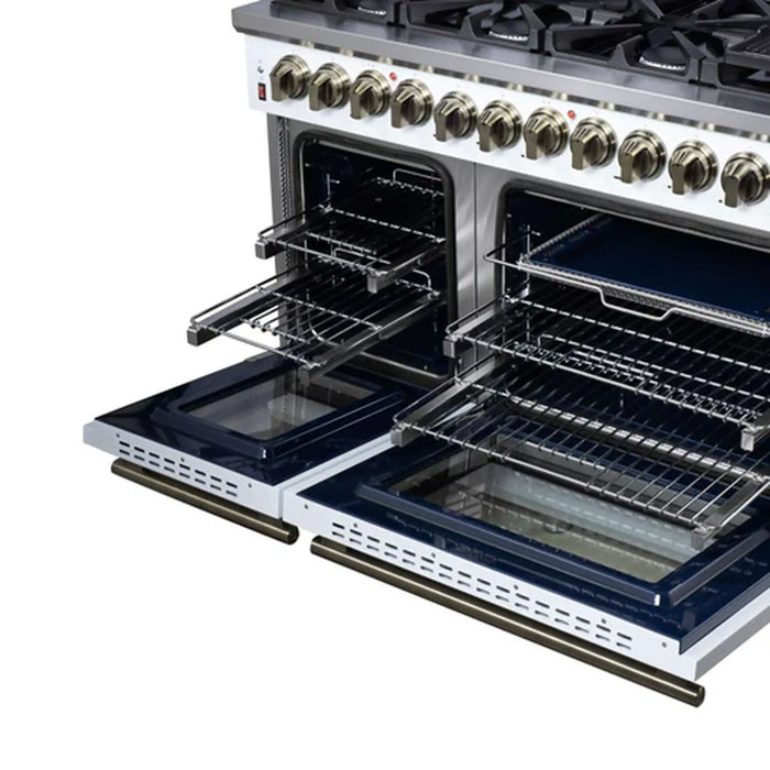 Forno Massimo 48-Inch Freestanding Dual Fuel Range with 8 Burners & 6.58 Cu. Ft. Convection Oven in White with Antique Brass Trim (FFSGS6125-48WHT)