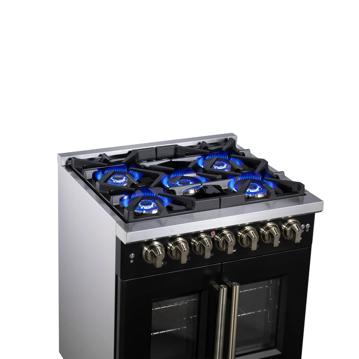 Forno Capriasca 30-Inch Freestanding French Door Dual Fuel Range in Black with Antique Brass Handle (FFSGS6387-30BLK)