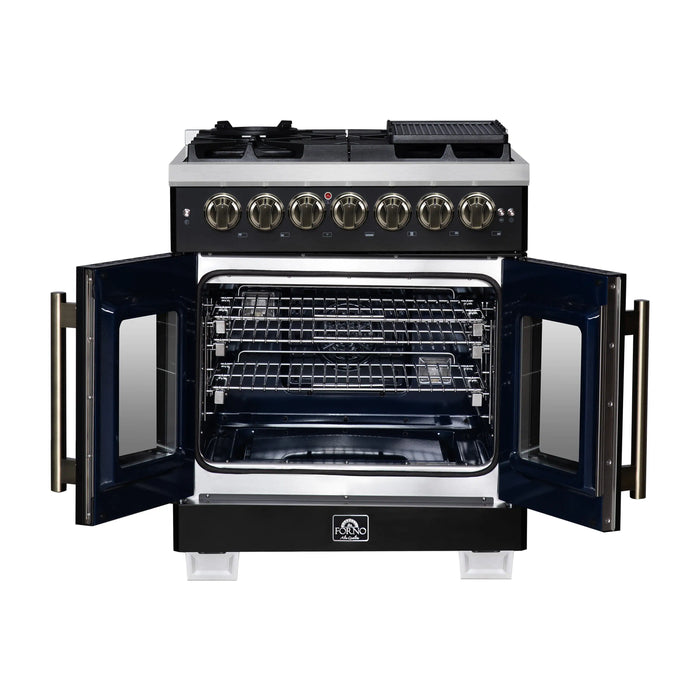 Forno Capriasca 30-Inch Freestanding French Door Dual Fuel Range in Black with Antique Brass Handle (FFSGS6387-30BLK)