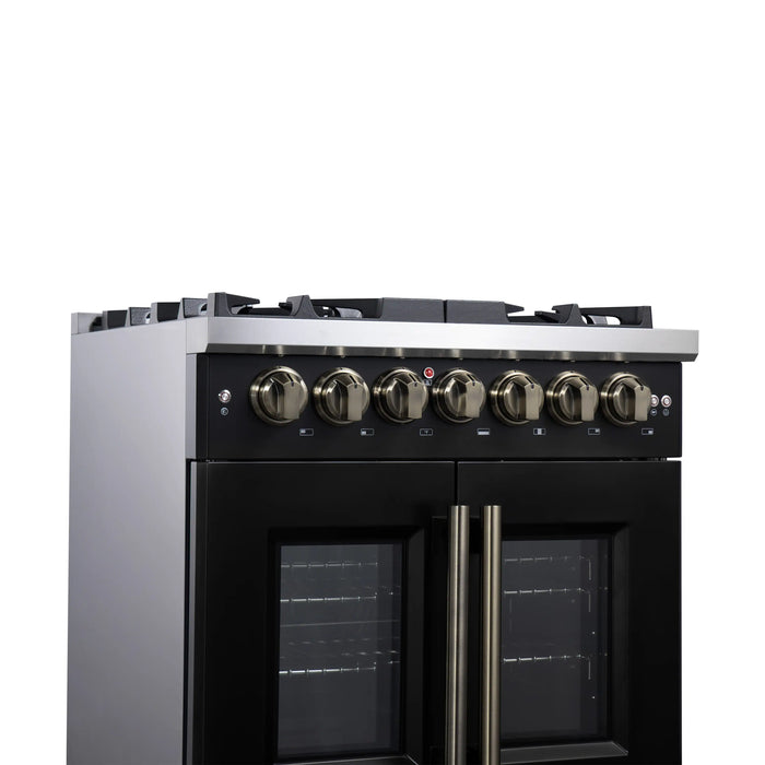 Forno Capriasca 30-Inch Freestanding French Door Dual Fuel Range in Black with Antique Brass Handle (FFSGS6387-30BLK)