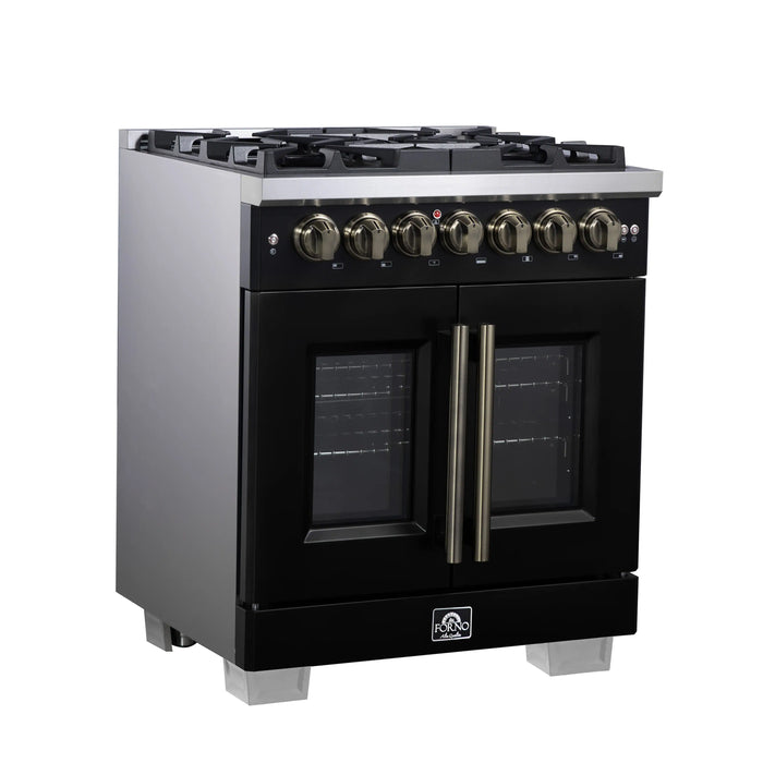 Forno Capriasca 30-Inch Freestanding French Door Dual Fuel Range in Black with Antique Brass Handle (FFSGS6387-30BLK)
