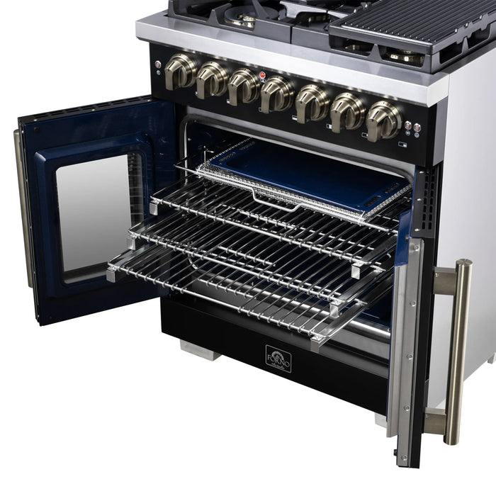 Forno Capriasca 30-Inch Freestanding French Door Dual Fuel Range in Black with Antique Brass Handle (FFSGS6387-30BLK)