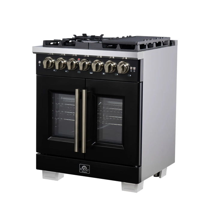 Forno Capriasca 30-Inch Freestanding French Door Dual Fuel Range in Black with Antique Brass Handle (FFSGS6387-30BLK)