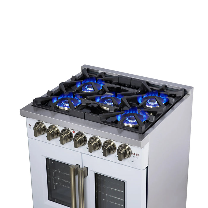 Forno Capriasca 30-Inch Freestanding French Door Dual Fuel Range in White with Antique Brass Handle (FFSGS6387-30WHT)