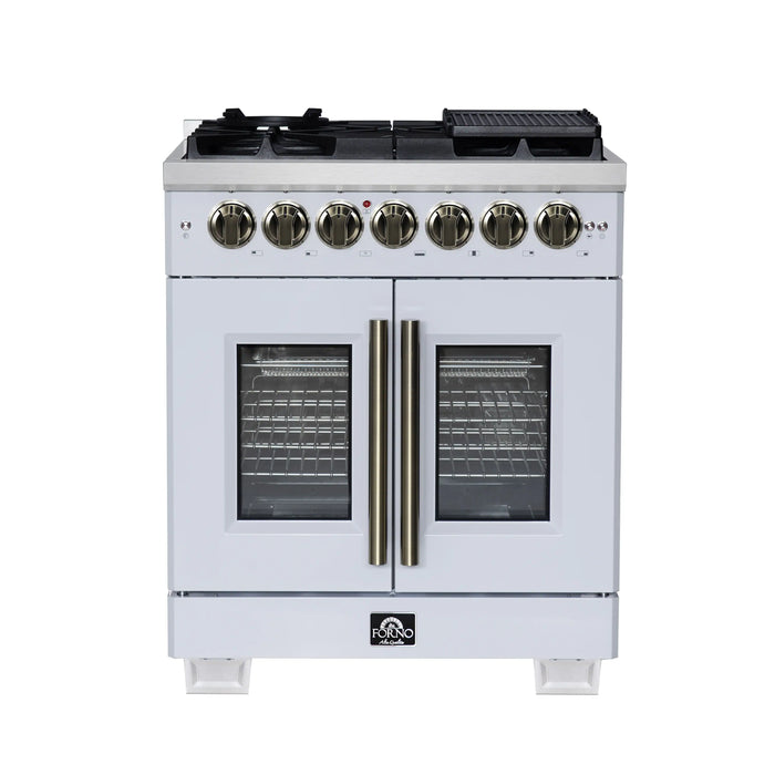 Forno Capriasca 30-Inch Freestanding French Door Dual Fuel Range in White with Antique Brass Handle (FFSGS6387-30WHT)
