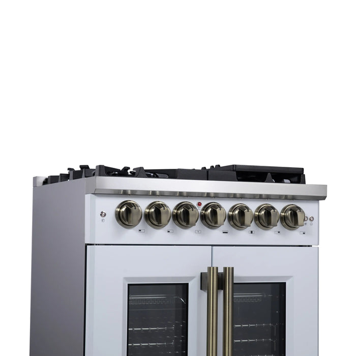 Forno Capriasca 30-Inch Freestanding French Door Dual Fuel Range in White with Antique Brass Handle (FFSGS6387-30WHT)