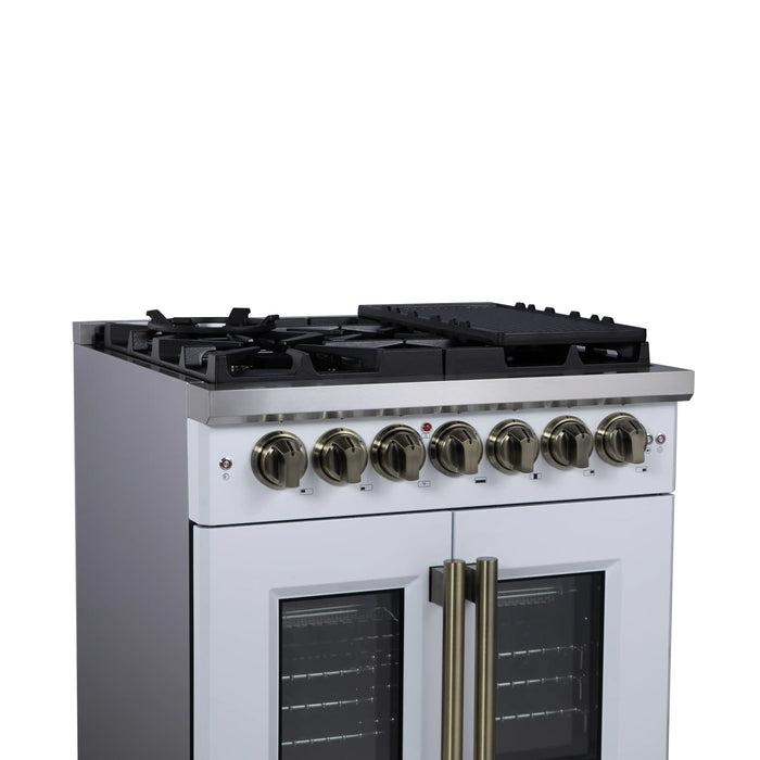 Forno Capriasca 30-Inch Freestanding French Door Dual Fuel Range in White with Antique Brass Handle (FFSGS6387-30WHT)