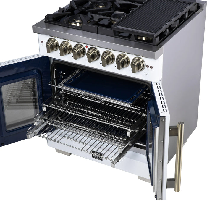 Forno Capriasca 30-Inch Freestanding French Door Dual Fuel Range in White with Antique Brass Handle (FFSGS6387-30WHT)