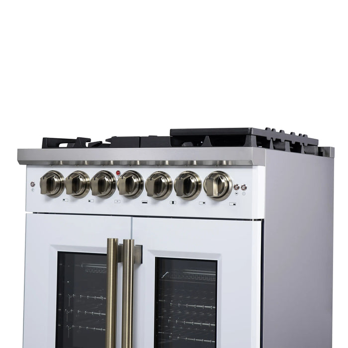 Forno Capriasca 30-Inch Freestanding French Door Dual Fuel Range in White with Antique Brass Handle (FFSGS6387-30WHT)