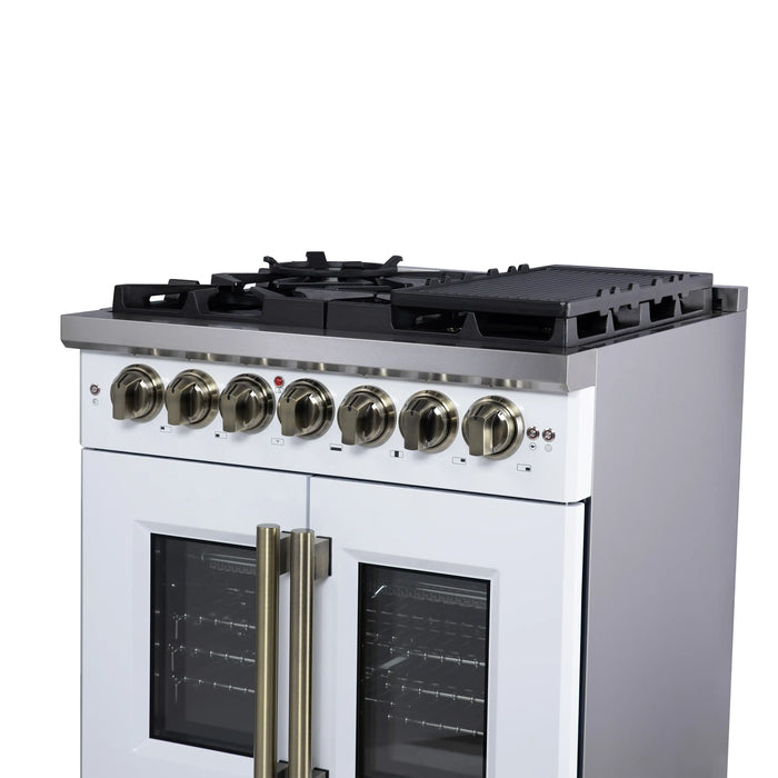 Forno Capriasca 30-Inch Freestanding French Door Dual Fuel Range in White with Antique Brass Handle (FFSGS6387-30WHT)